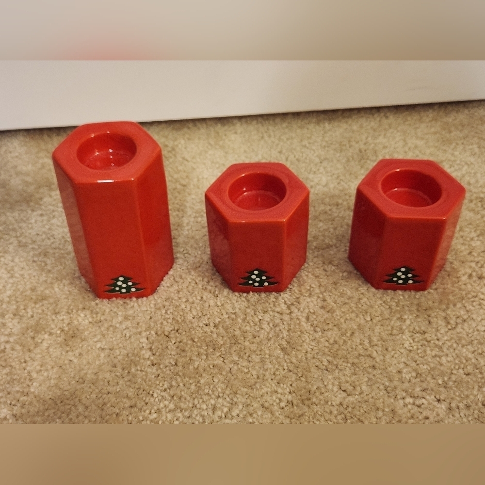 Rare VTG WAECHTERSBACH West‎ Germany Red Candle Holders Christmas Trees Set of 3 - Picture 2 of 7